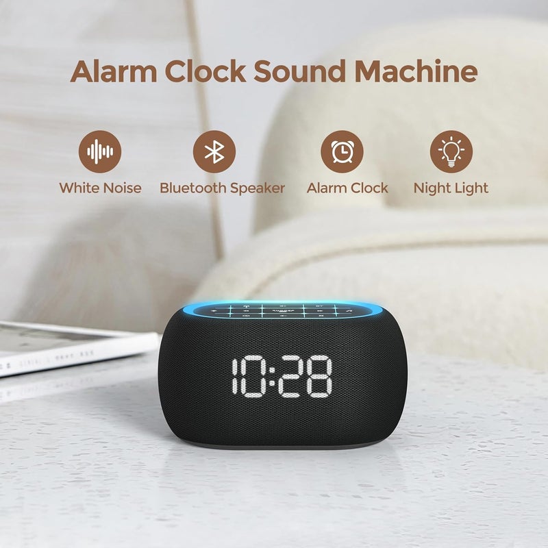 ANJANK Alarm Clock White Noise Sound Machine with Bluetooth Speaker, 21 Soothing Sounds, 7 Night Lights, 0-100% Dimmer/Sleep Timer/Volume Control, Small Design for Kids Adults Sleeping,Bedroom (Black) - Image 2